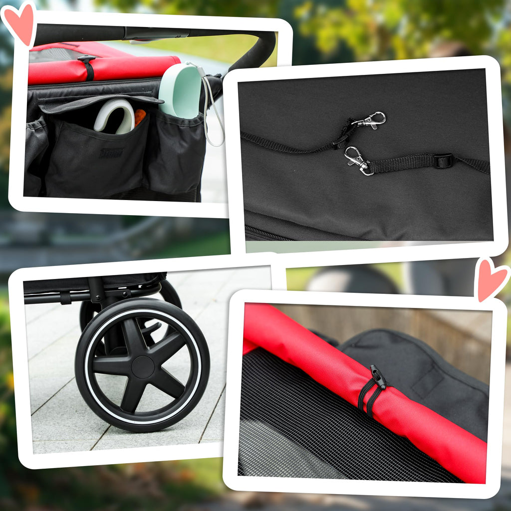 PawHut Dog Stroller for Large Medium Small Dogs up to 66 Lbs. 23.5" in Body Length, One-Click Foldable Pet Cat Stroller with Storage, Shock Absorption Wheels, Mesh Window, Safety Leash, Red