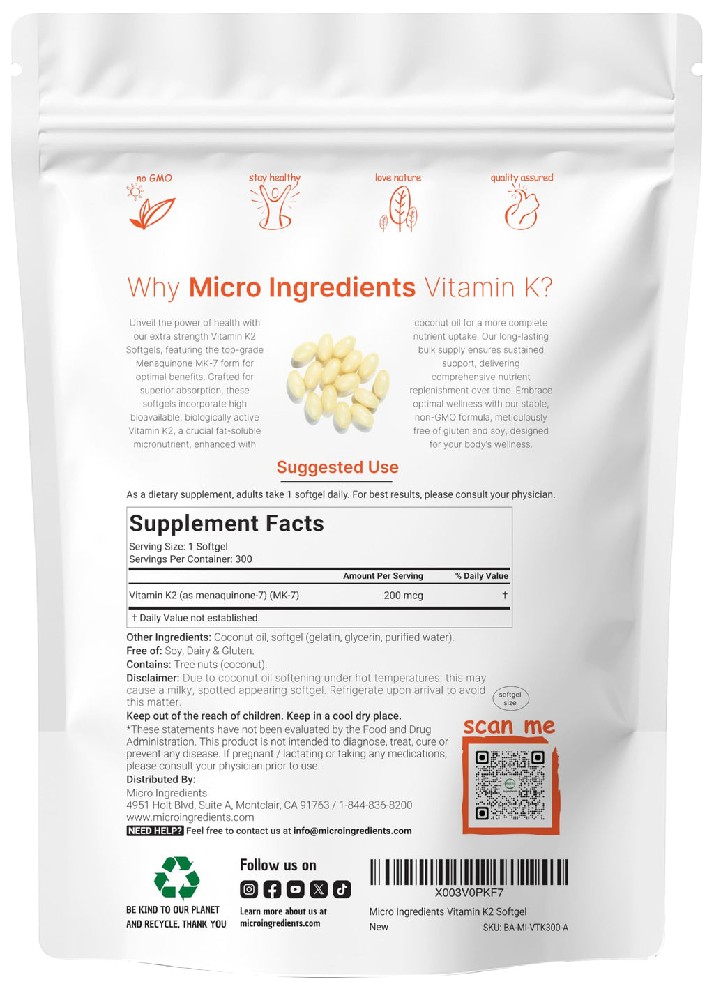 Micro Ingredients Vitamin K2 MK-7 Supplement, 200 mcg Per Serving, 300 Coconut Oil Softgles | Easily Absorbed, Active Menaquinone Form | Non-GMO