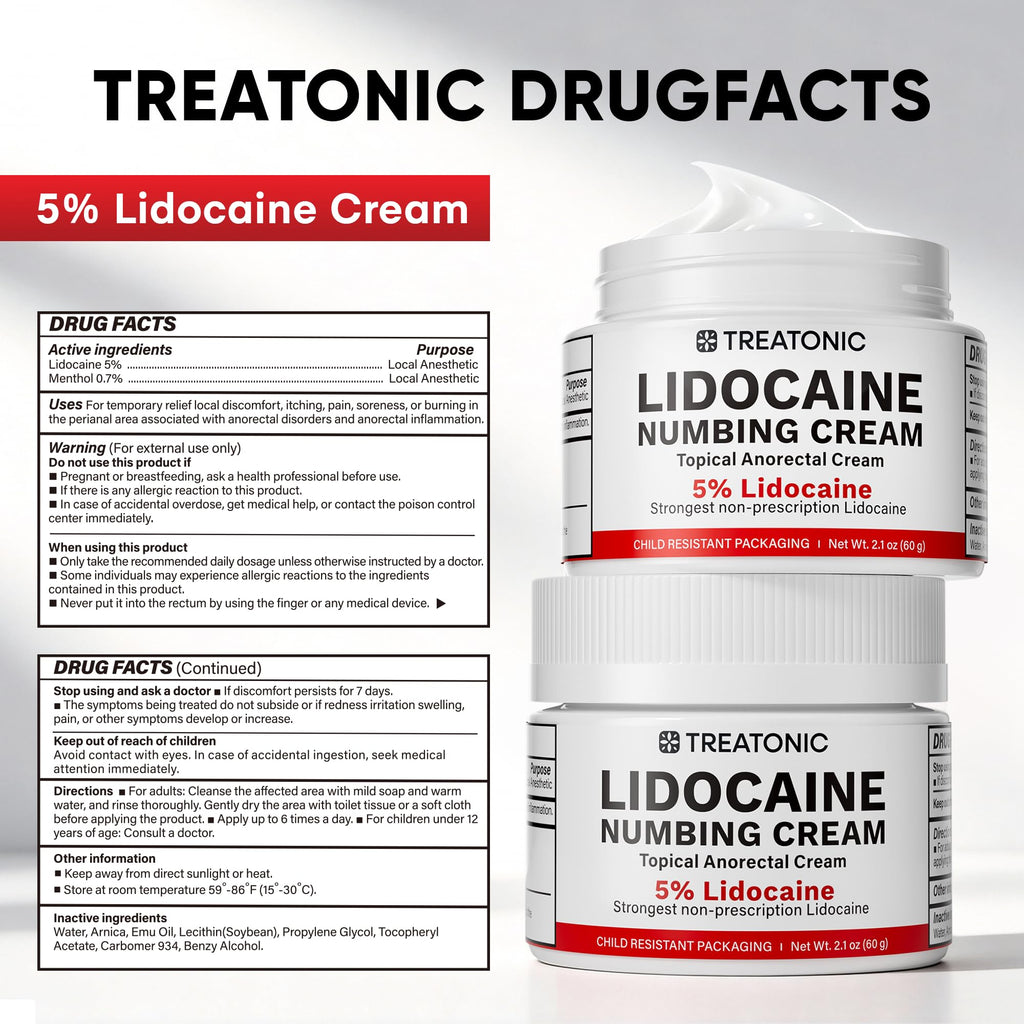 Treatonic 5% Lidocaine Numbing Cream: Lidocaine Cream Maximum Strength for Pain Relief, Itching, Burning, Soreness, Hemorrhoid - Fast Acting & Long Lasting Numbing - 2.1 oz (2-Pack)