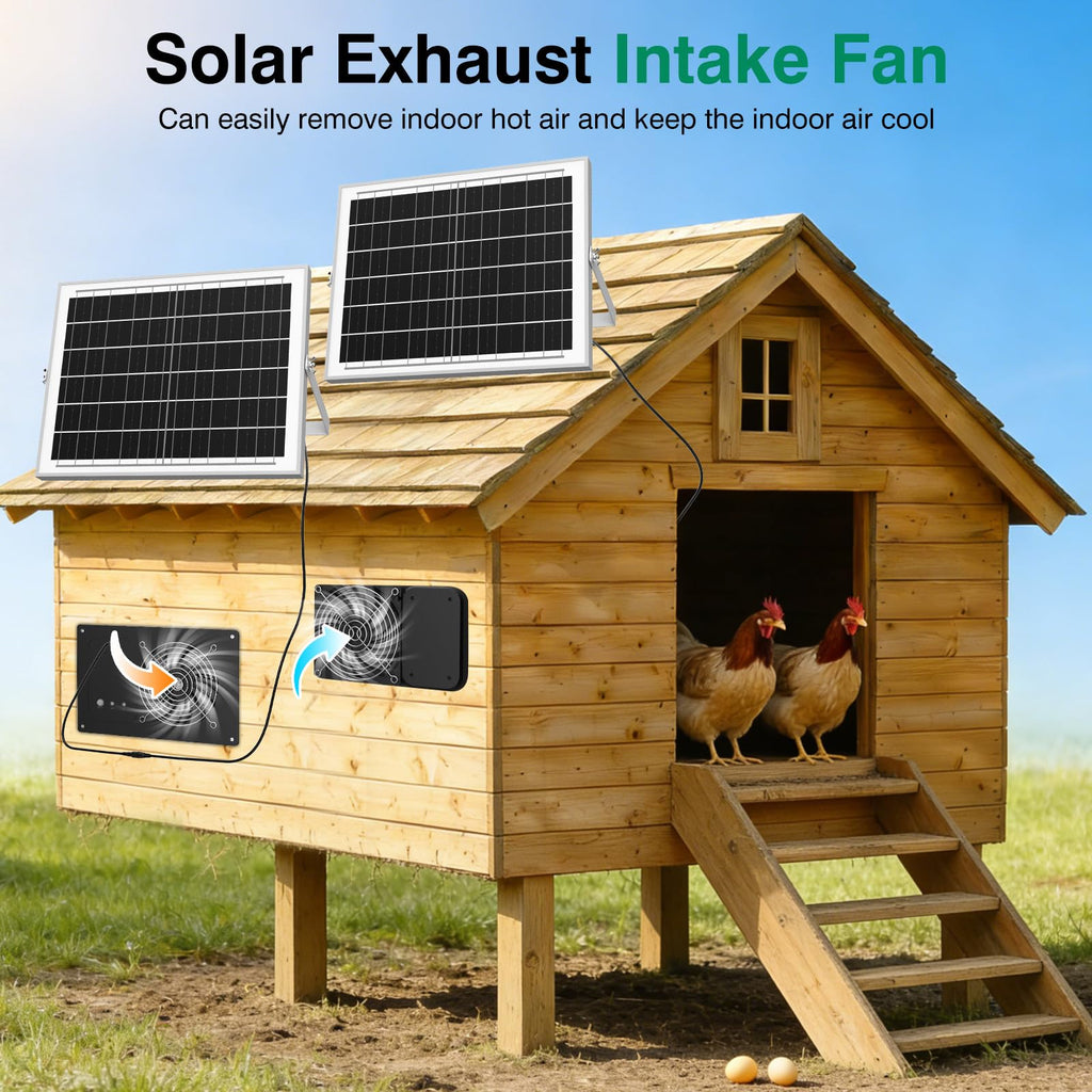 Solar Fan with Battery & Timer for Chicken Coop, Greenhouse & Shed