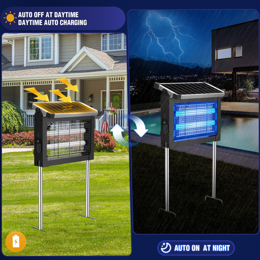 Solar Bug Zapper Outdoor Portable Wireless Camping with Panel Sensor Fly Traps with 10ft Extension Cord Fly Shoe, Fly Killer