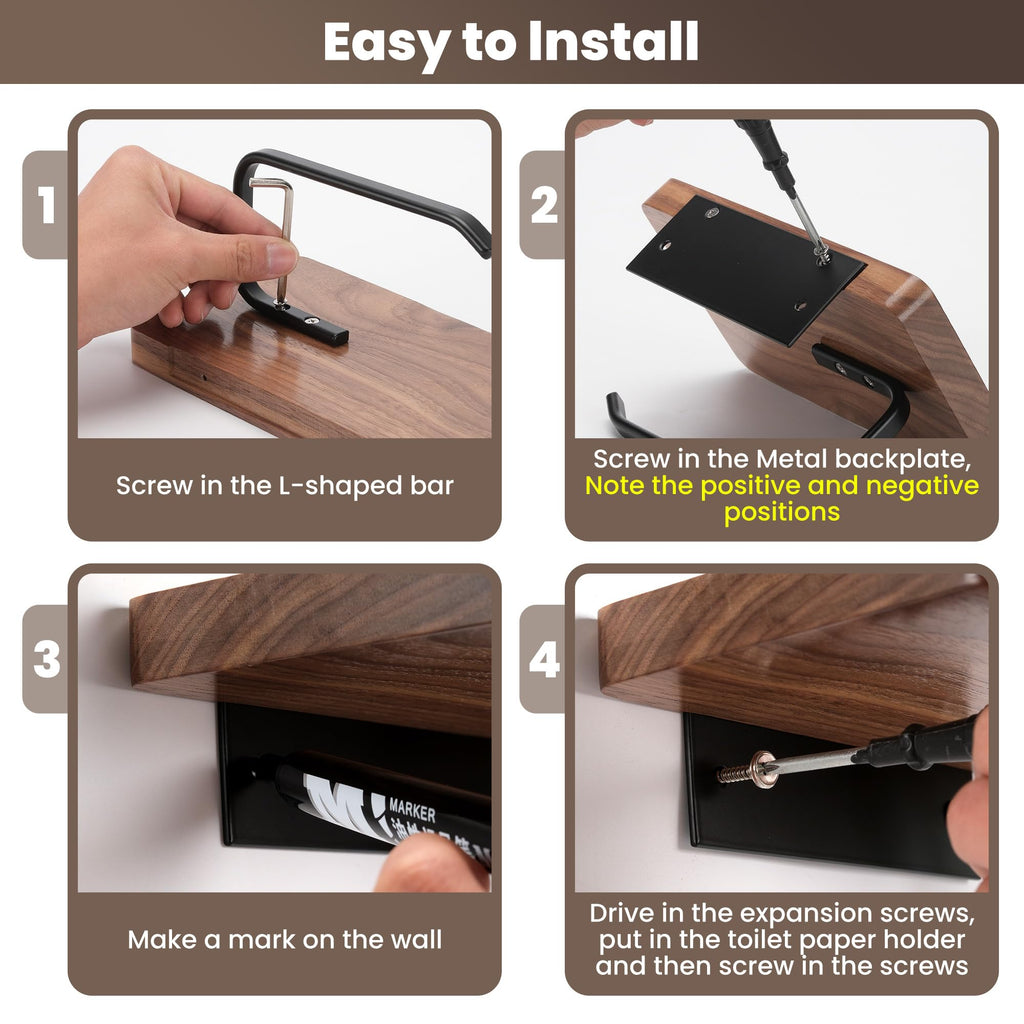 TOKCKYBL Toilet Paper Holder Walnut Wood Shelf - Wall Mount & Self-Adhesive