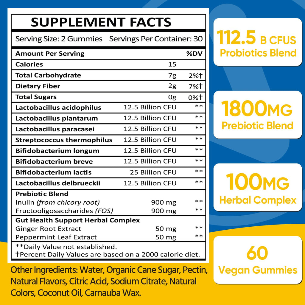 Gut Health & Probiotic Gummies, 112.5 Billion CFU, Sugar Free - 8 Strains + Prebiotics + Herbs - for Digestive, Immune, Diarrhea & Bloating - Gut Health for Women & Men, 60 Counts Probiotics Gummies
