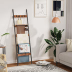 Blanket Ladder, 5-Tier Towel Holder with 2 U-shaped storage rack, Farmhouse Wall Leaning Decorative Rack Shelf, Towel Display Rack, Removable Hooks, Quilt Ladder for Living Room, Bedroom, Rustic Brown