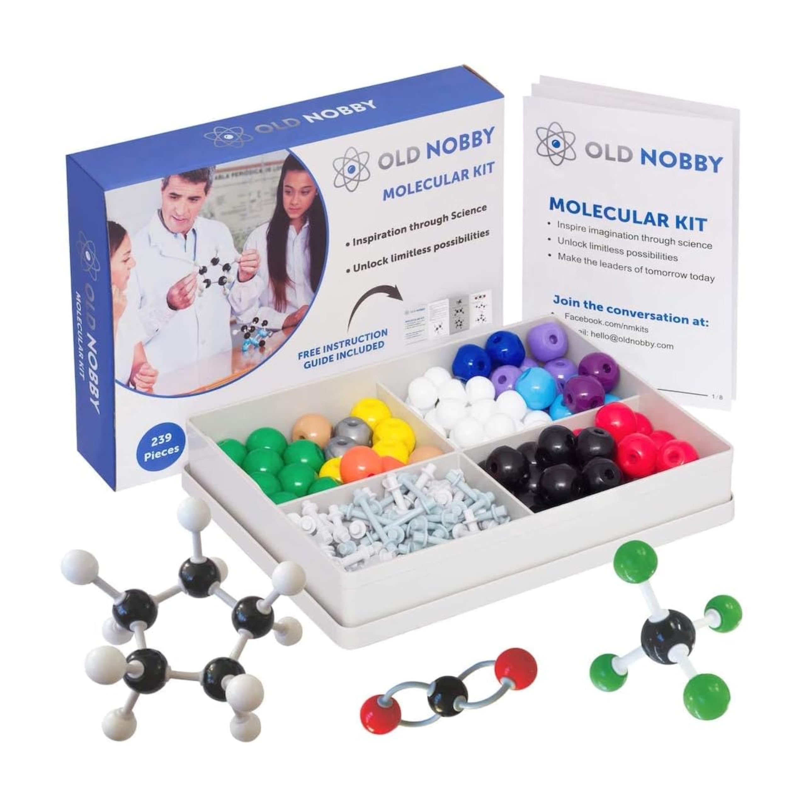 OLD NOBBY Organic Chemistry 239 Piece Model Kit - Molecular Model Kit with Atoms, Bonds, Instructional Guide, Bond Removal Tool, and Bonus Molecular Stencil