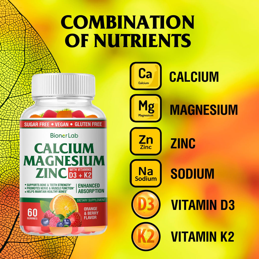 BionerLab Calcium Magnesium Zinc Gummies with Vitamin D3 & K2 - High Potency Enhanced Absorption - Orange and Berry Flavored