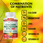 BionerLab Calcium Magnesium Zinc Gummies with Vitamin D3 & K2 - High Potency Enhanced Absorption - Orange and Berry Flavored