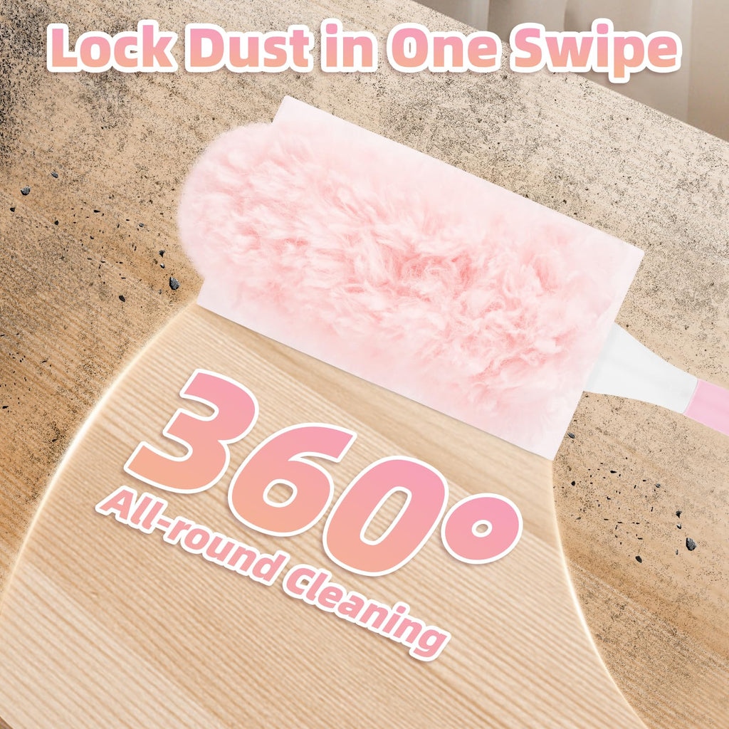 Nicemiya 30 Count Pink Duster Refills Compatible with Swiffer Handle, 360° Multi-Surface Duster Refills with 1 Handle, 5X Microfibers Disposable Dusters for Home, Office Cleaning