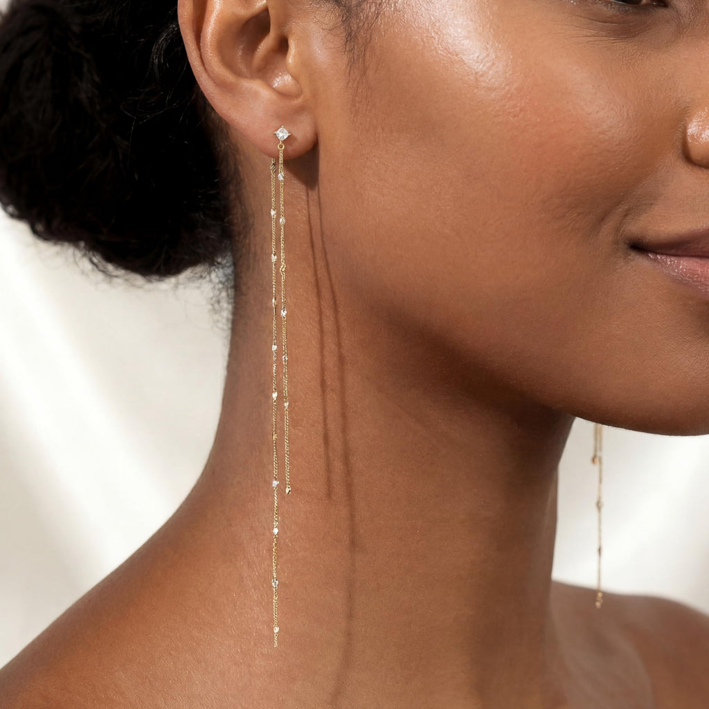 SLUYNZ Solid 925 Sterling Silver 6.3inch Long Chain Earrings Dangle for Women Teen Girls Line Dangle Earrings Chain Backs (B-Gold Plated)