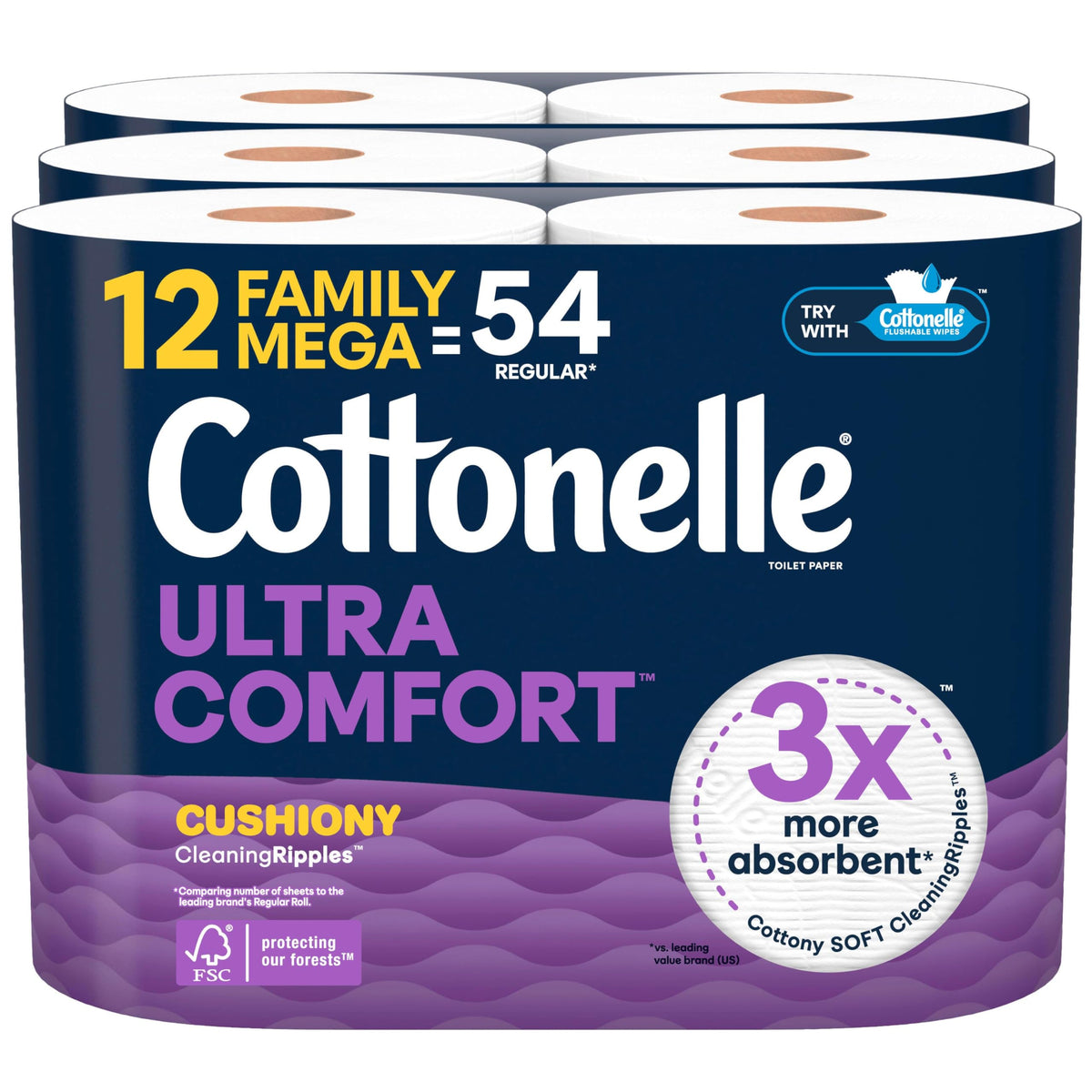 Cottonelle Ultra Soft Toilet Paper, 12 Family Mega Rolls = 54 Regular Rolls