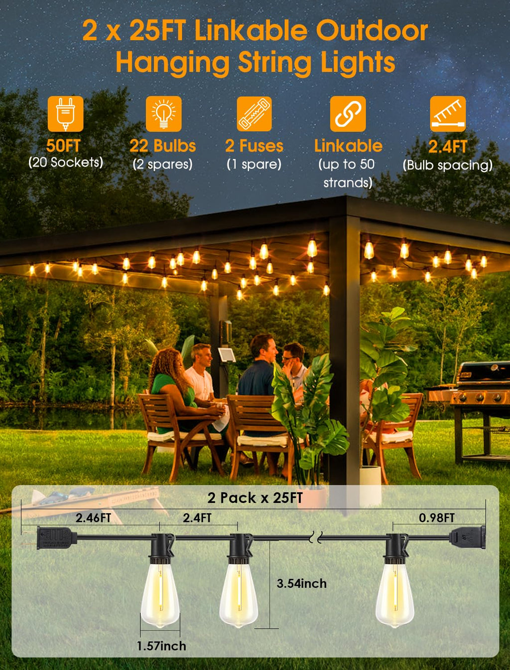 Larkvue 50FT(2x25FT) Outdoor String Lights, Patio Lights with 20+2 LED Dimmable Waterproof ST38 Vintage Bulbs for Backyard Bistro Cafe Deck, Black