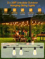 Larkvue 50FT(2x25FT) Outdoor String Lights, Patio Lights with 20+2 LED Dimmable Waterproof ST38 Vintage Bulbs for Backyard Bistro Cafe Deck, Black