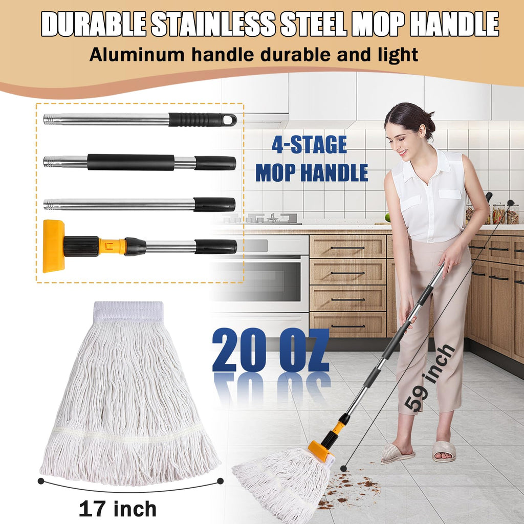 Commercial Mop Heavy Duty Industrial Mop with 2 Extra20oz Large Replacement Heads,60" Long Handle Heavy Duty Industrial Mops for Hardwood Wood Tile Vinyl - Reusable Cotton Head for Floor Cleaning