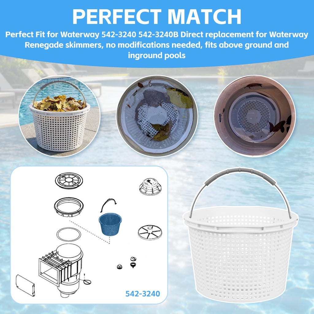 FSQLB 8" Pool Skimmer Basket Replacement for Waterway 542-3240 Renegade Skimmers | Built-in Weight, 316 Stainless Steel Handle with Rubber Grip (1 Pack)