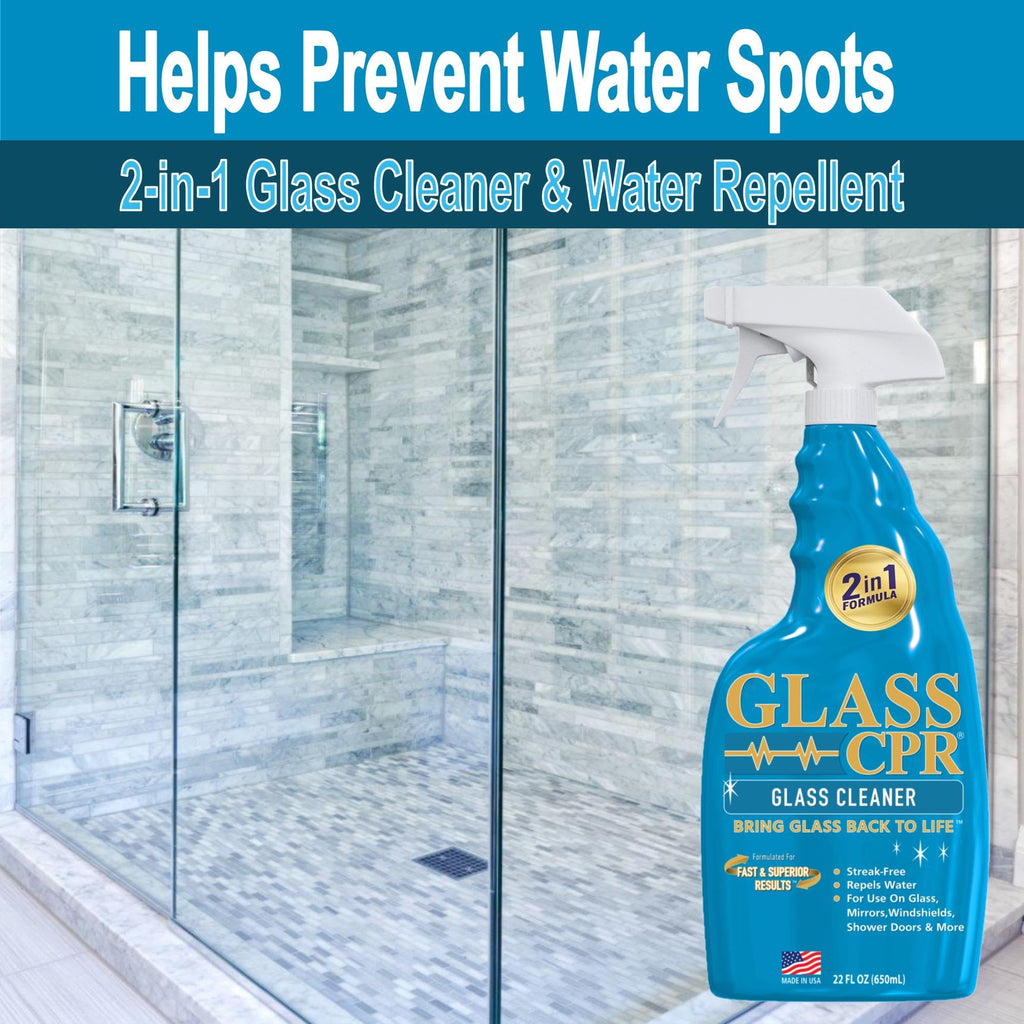 CPR Glass 2-in-1 Glass Cleaner & Water Repellent (22oz) + 2 Microfiber Applicator Towels | Deep Cleaning for Glass, Mirrors, Windows, Windshields, Shower Doors