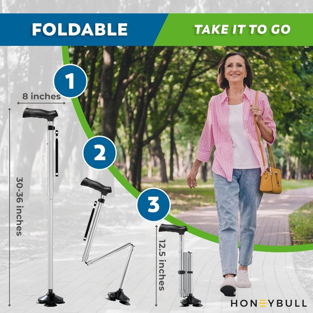 HONEYBULL Walking Cane for Men & Women Foldable, Adjustable, Heavy Duty, Free Standing, All Terrain, Collapsible Walking Sticks for Seniors & Adults