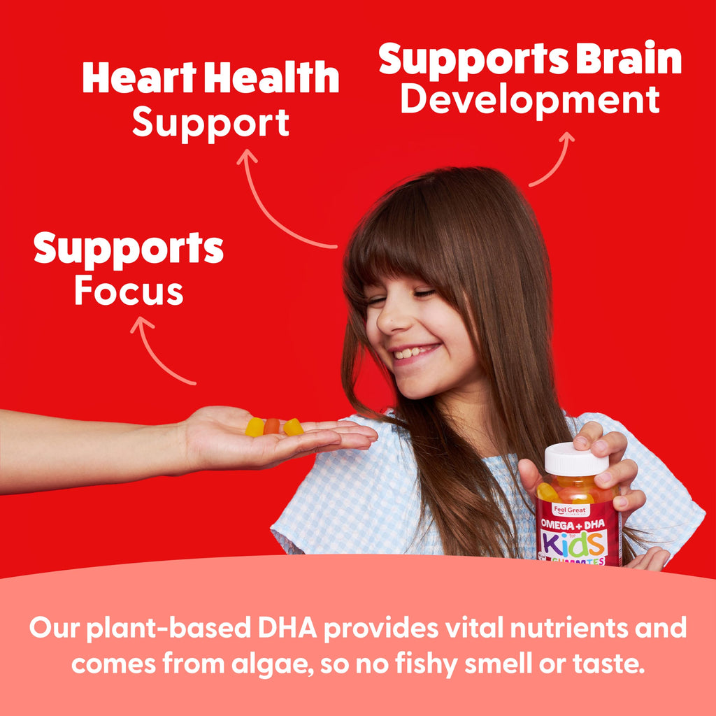 Feel Great Vitamin Co. Complete DHA Gummies for Kids | with Omega 3 6 9 + DHA, Vitamin C | Supports Healthy Brain Function, Vision & Heart Health | Gluten Free, Vegetarian | 60 Gummies