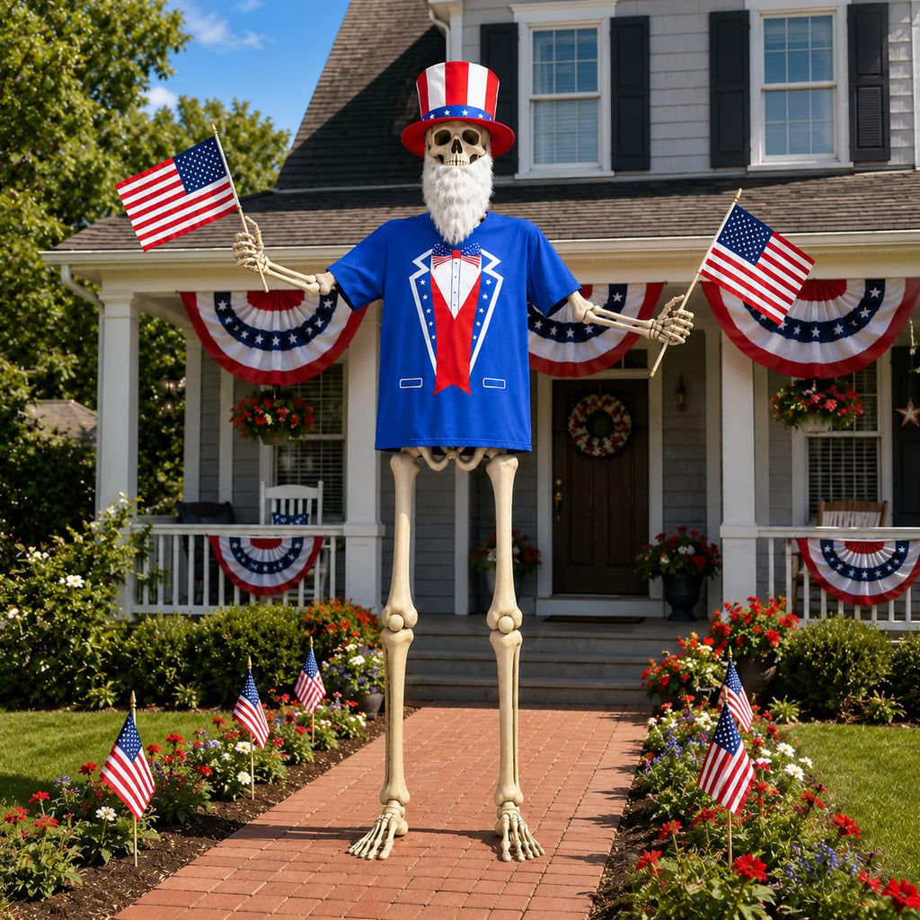 JcHrmers 12 ft Skeleton Patriotic Outfits 4th of July Skeleton Tuxedo T-Shirt Clothes with Hat Flags Beard Funny Giant Skull Clothing for Independence Day Summer Holiday Outdoor Decor