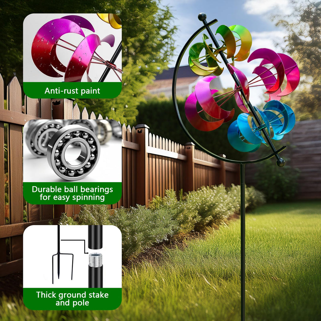 Large Metal Wind Spinner for Garden and Yard – 63 Inch Kinetic Outdoor Sculpture with Dual Direction 360° Spinning Blades – Weather Resistant Moons Yard Art Decor for Patio, Lawn, and Porch