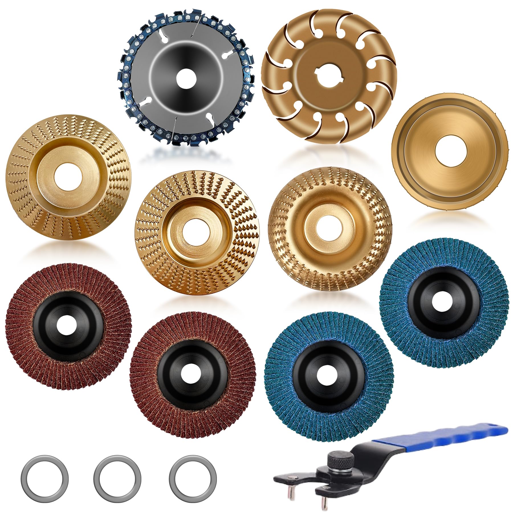 Konvixon 11PCS Wood Carving Disc Set for 4" or 4 1/2" Angle Grinder, Stump Tool Grinding Wheel Disc with 5/8" Adapter Ring, Woodworking Grinder Attachment for Cutting Shaping Carving Sanding Polishing