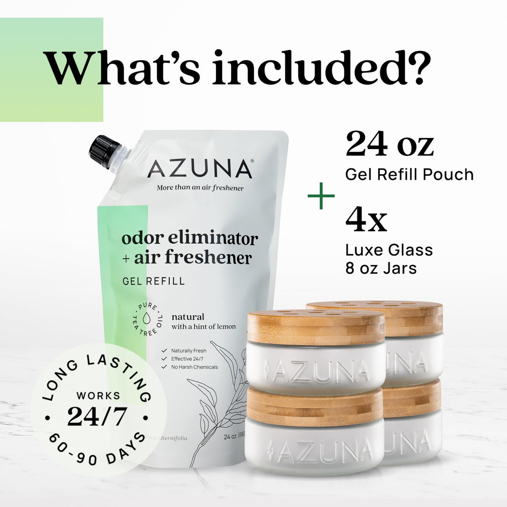 Azuna Air Freshener & Odor Eliminator for Strong Odor | 4 Room Kit Includes (4) 8 oz. Empty Luxe Glass Jars & 24oz Gel | Refill with Tea Tree Essential Oil | Natural Scent | Last 60-90 Days