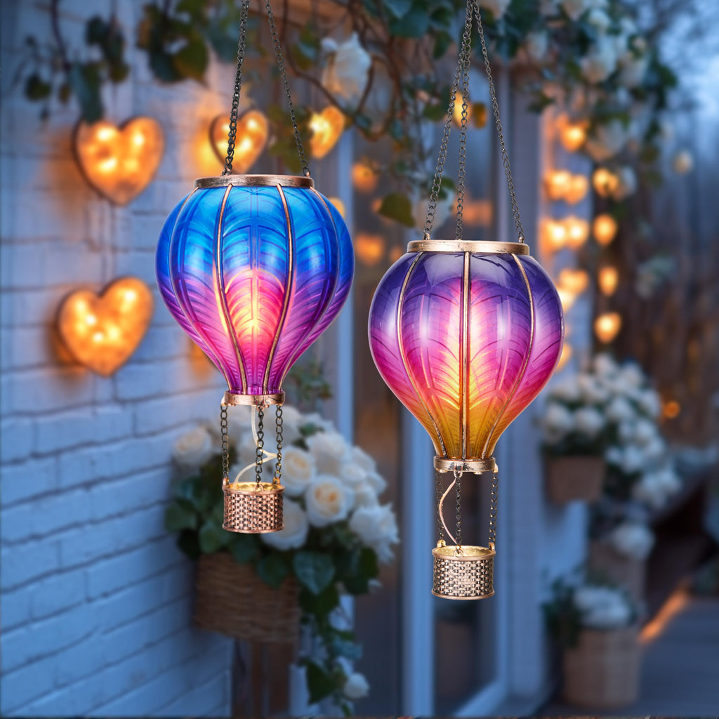 TERESA'S COLLECTIONS 2 Pack Hanging Solar Lantern Outdoor Garden Decor for Valentine,Waterproof Plastic Hot Air Balloon Purple Flickering Flame Effect Lantern for Yard Tree Gift for Mom,18"