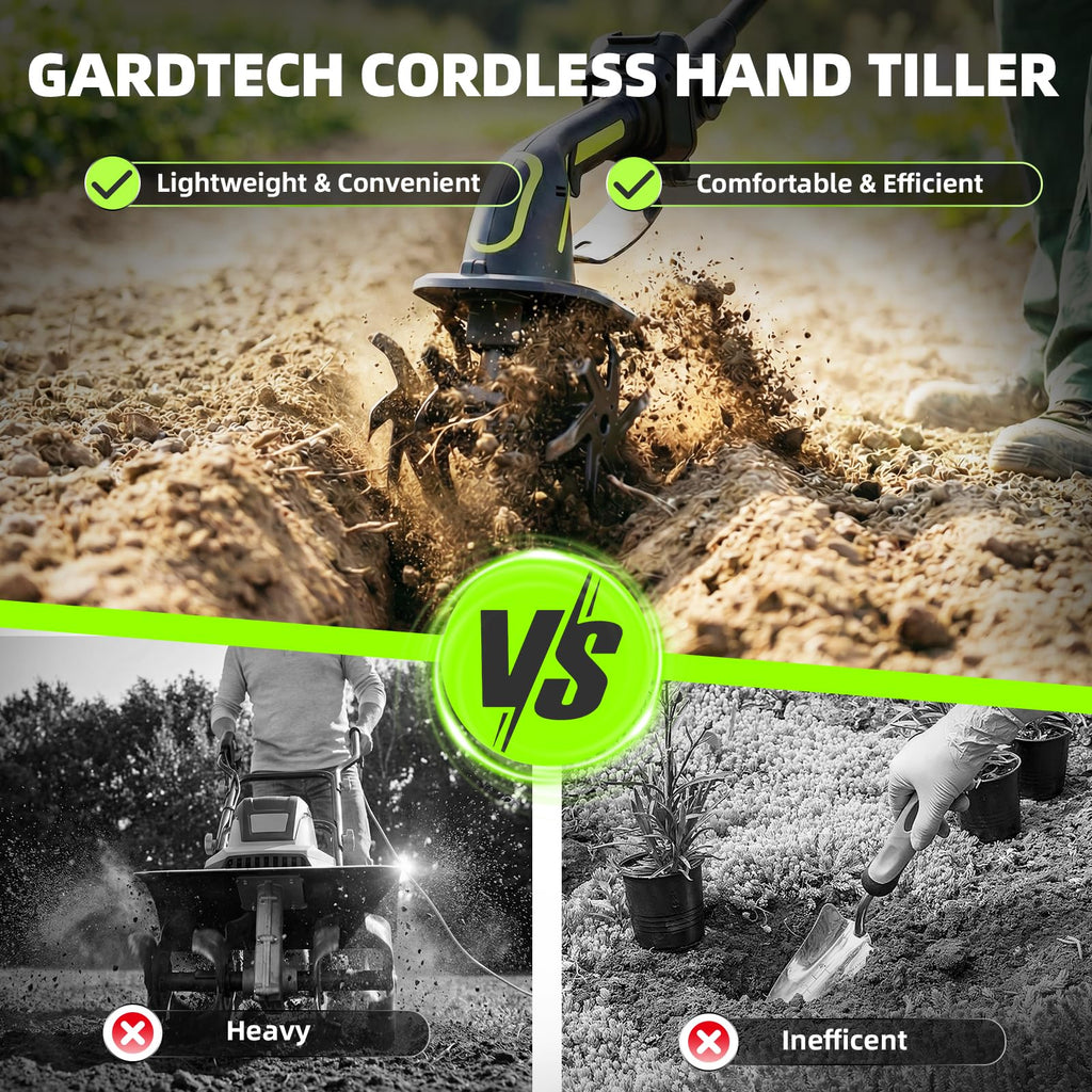 GARDTECH 2-in-1 Cordless Tiller Cultivator, 235RPM Powered Tiller with 3.5ft Extension Pole, 2×2.0Ah Rechargeable Batteries, 4-Inch Tilling Width & Depth, Mini Powerful Tiller for Gardening, Lawn