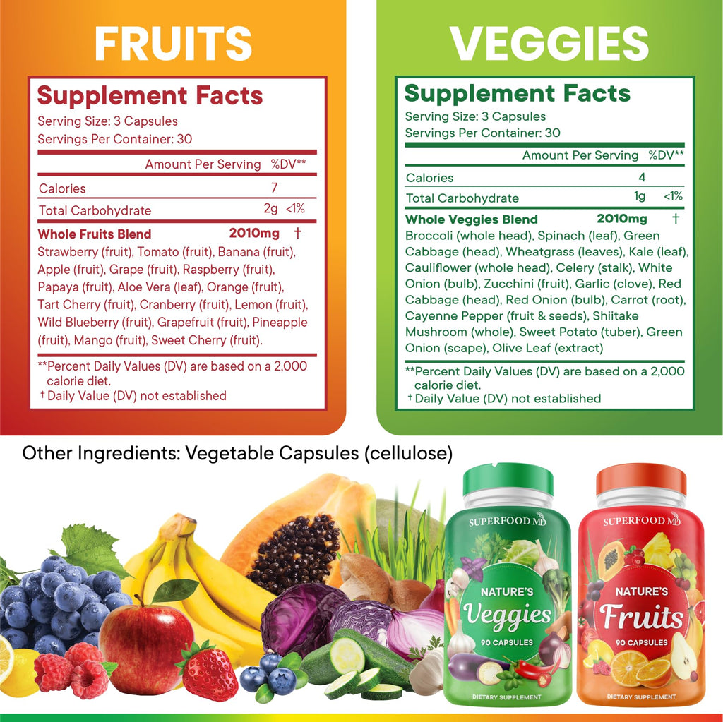 Superfood MD Fruits & Veggies Supplement - Whole Food Natural Superfoods - with Beta Carotene - Soy Free- 90 Count (Pack of 2)