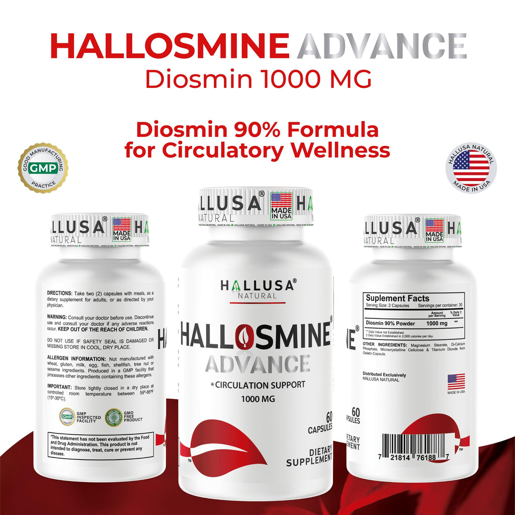 Hallusa Natural Hallosmine Advance 1000mg Diosmin Circulation & Vein Support Supplement, Vascular Health, Visible Veins, Spider Veins, Blood Flow, Swelling & Heavy Legs 60 Count (60 Capsules)
