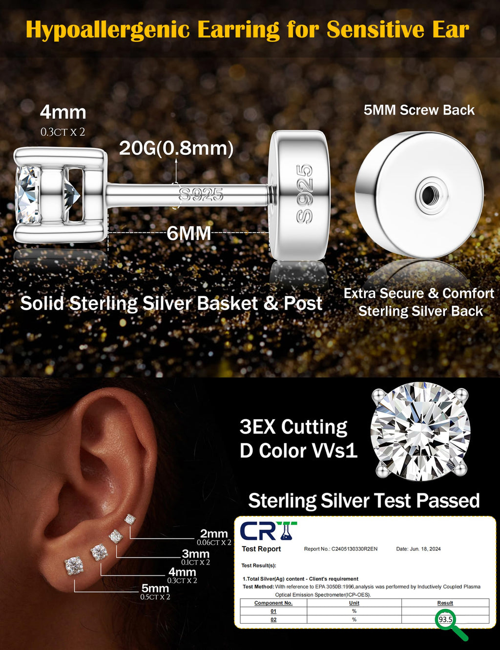 LOLIAS Moissanite Flat Back Earrings for Women Men 925 Sterling Silver Stud