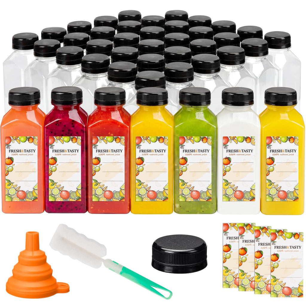 TOMNK 45pcs Juice Bottles, 12oz Reusable Juice Bottles with Caps and Labels, Funnel, Brush Beverage Containers for Juicing, Smoothies, Tea, Milk