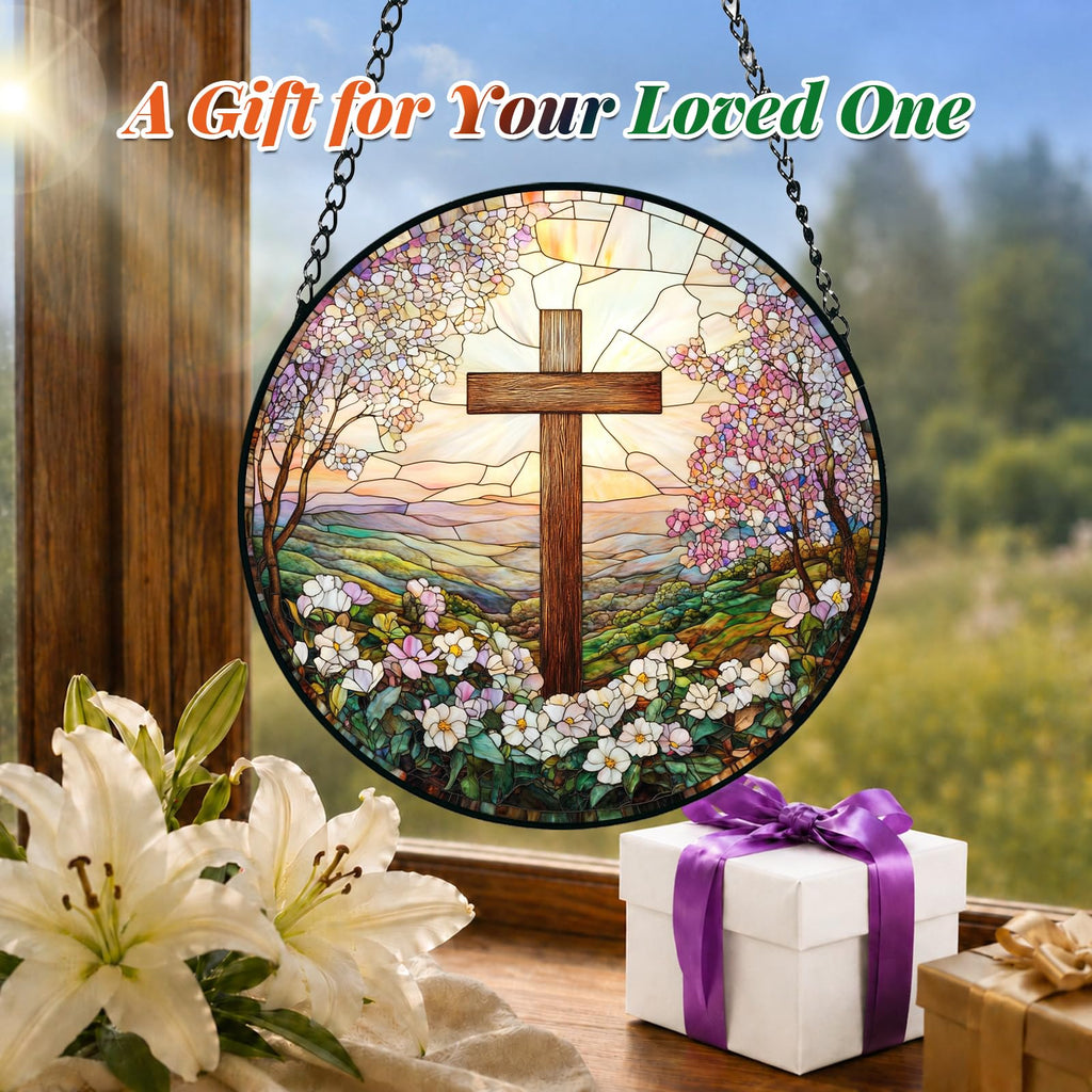 Cross and Wildflowers Stained Glass Sun Catcher Christian Window Hanging