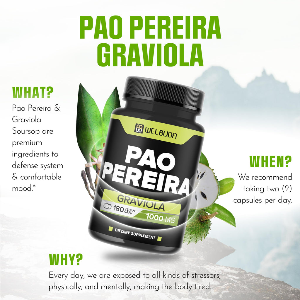 180 Capsules - 600mg Pao Pereira Herb Extract 10:1 with 400mg Graviola Soursop - Combined Formula for Immune System, Comfortable Mind, Body Management & Strength Support