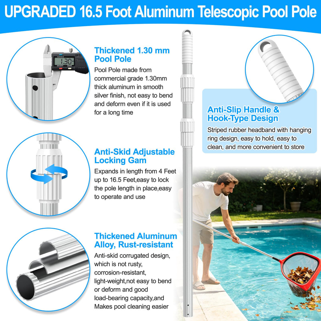 Upgraded Pool Pole 16.5 Foot Telescopic Swimming Pool Poles,Adjustable Telescopic Pool Cleaning Pole,Professional Pole for Skimmer Net,Rake,Brush,Vacuum Head,Heavy Duty Aluminum Thicken 1.3mm Pole