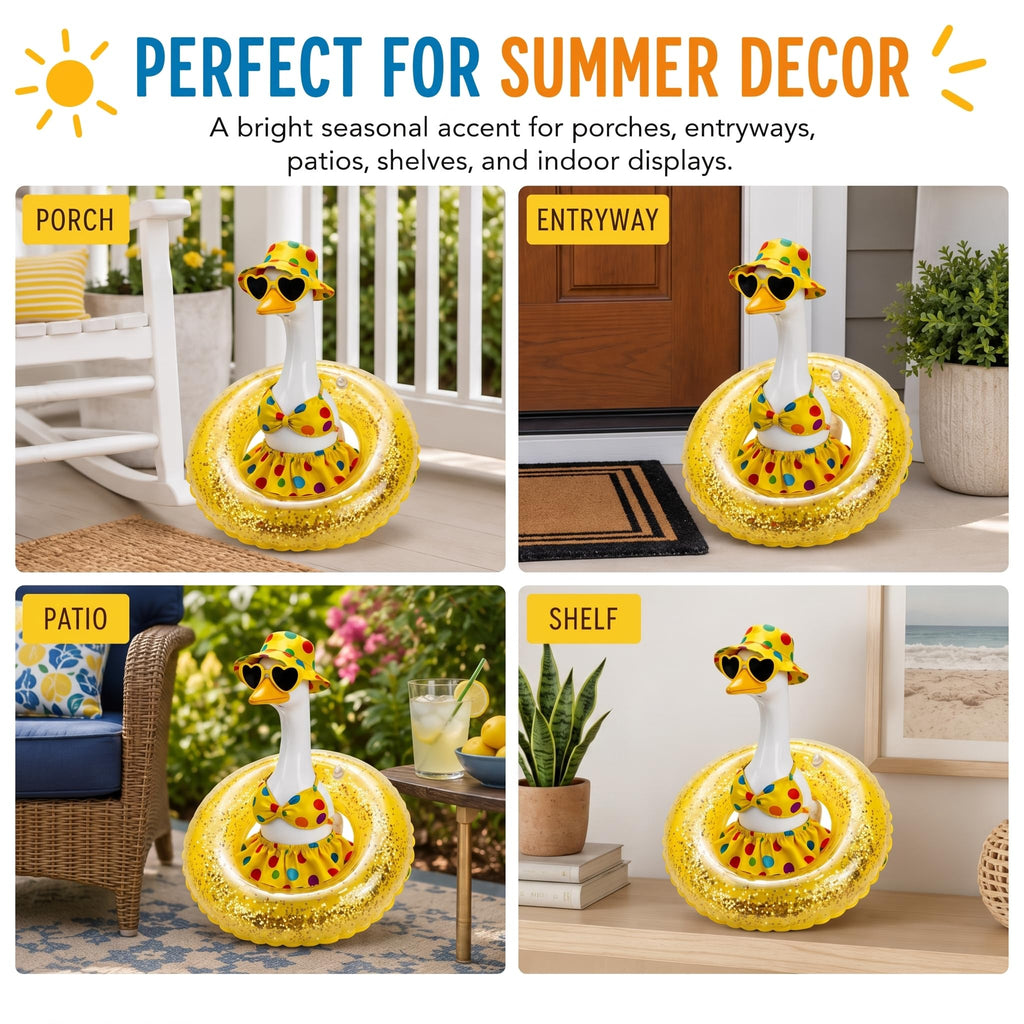 DaGailen Summer Porch Goose Outfits 23 Inch, Yellow Polka Dot Porch Goose Bikini with Swim Ring, Sun Hat Heart Sunglasses Porch Goose Accessories for Yard Garden Patio Decor