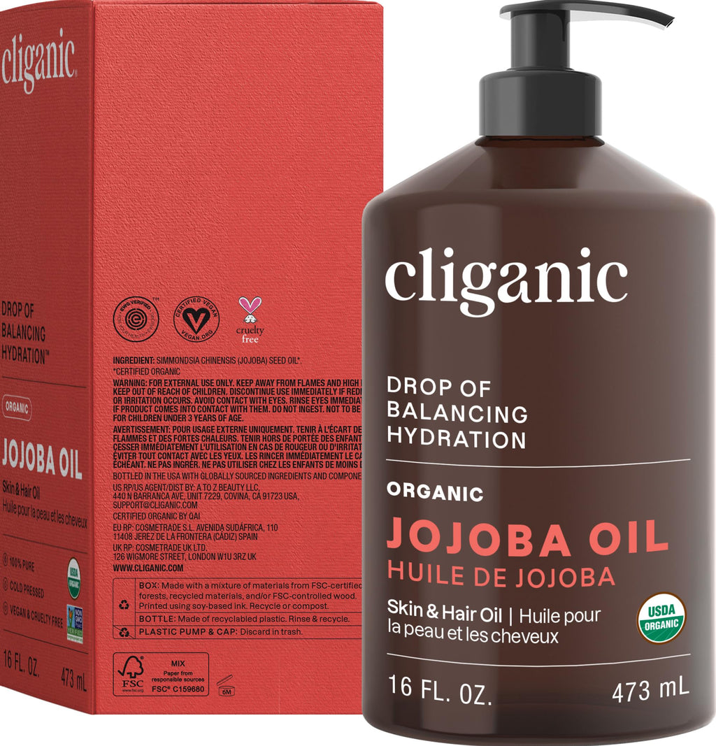 Cliganic Organic Jojoba Oil 16 oz, 100% Pure | Bulk, Natural Cold Pressed Unrefined Hexane Free for Hair & Face | Base Carrier Oil