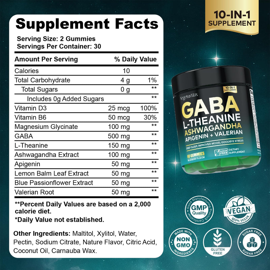 GABA Gummies 500mg for Relaxation, Calm Mood & Sleep Support, Calm Gummies with L Theanine, Ashwagandha, Magnesium, Vitamins D3, B6, GABA Supplement for Adult, Blueberry 60 Count (Pack of 1)