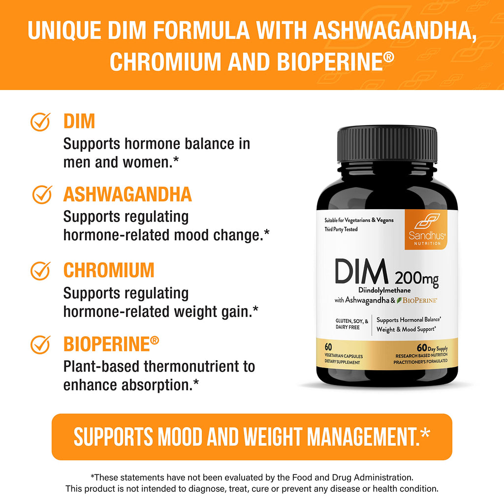 Sandhu's DIM Supplement 200 mg - 60 Capsules - Diindolymethane with Ashwagandha & Bioperine Hormone Balance for Women & Men, Hormonal Acne Supplements