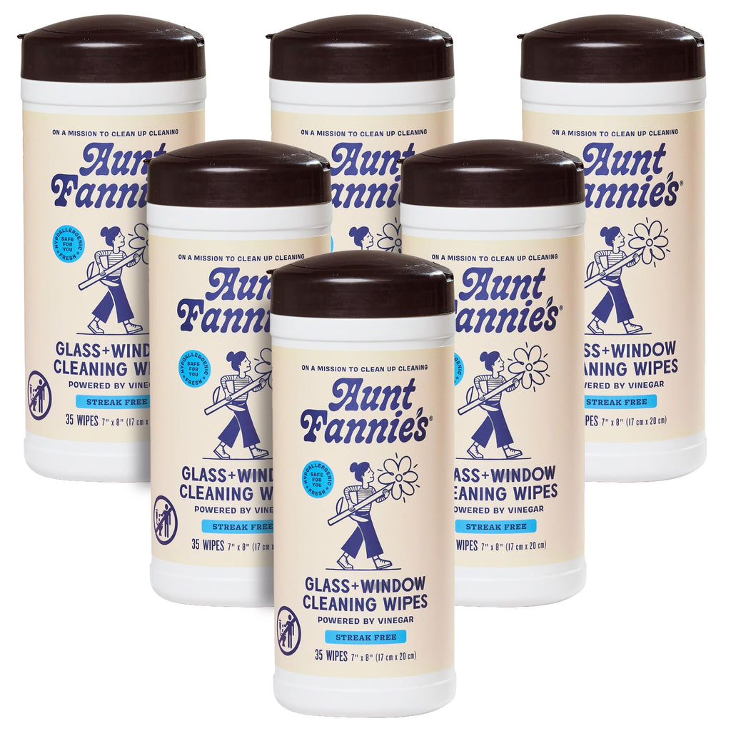 Aunt Fannie's Glass & Window Cleaning Wipes, Natural Streak-Free Glass Cleaner, 35 Count (Pack of 6)