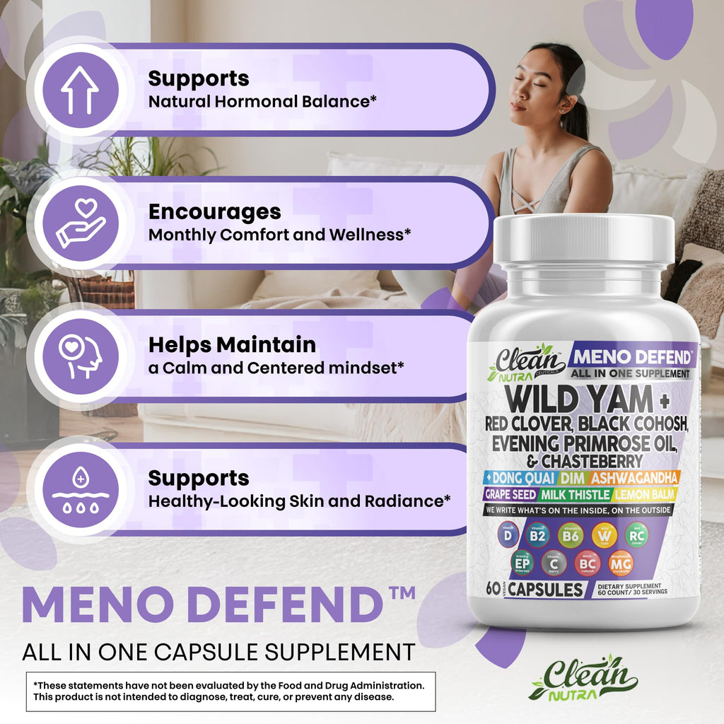 Clean Nutra Wild Yam Root Capsules with Red Clover Black Cohosh Evening Primrose Oil Chasteberry Dong Quai DIM Ashwagandha Grape Seed Extract Milk Thistle Lemon Balm and more Hormone Balance For Women