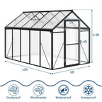 6X10 FT Greenhouse for Outdoors, Polycarbonate Flower Greenhouse with Roof Vent, Push-Pull Lockable Door, Aluminum Walk-in Greenhouses for Outside Garden Backyard, Patio, Lawn, Black