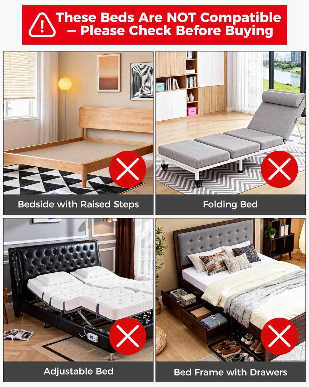 Bed Rails for Elderly Adults Safety, Bedrails for Elderly Adults Grab Bar Bed Handrails, Cane for Seniors with Non-Slip Ergonomic Handle and Storage Pocket, Fit Twin, Full, Queen, King
