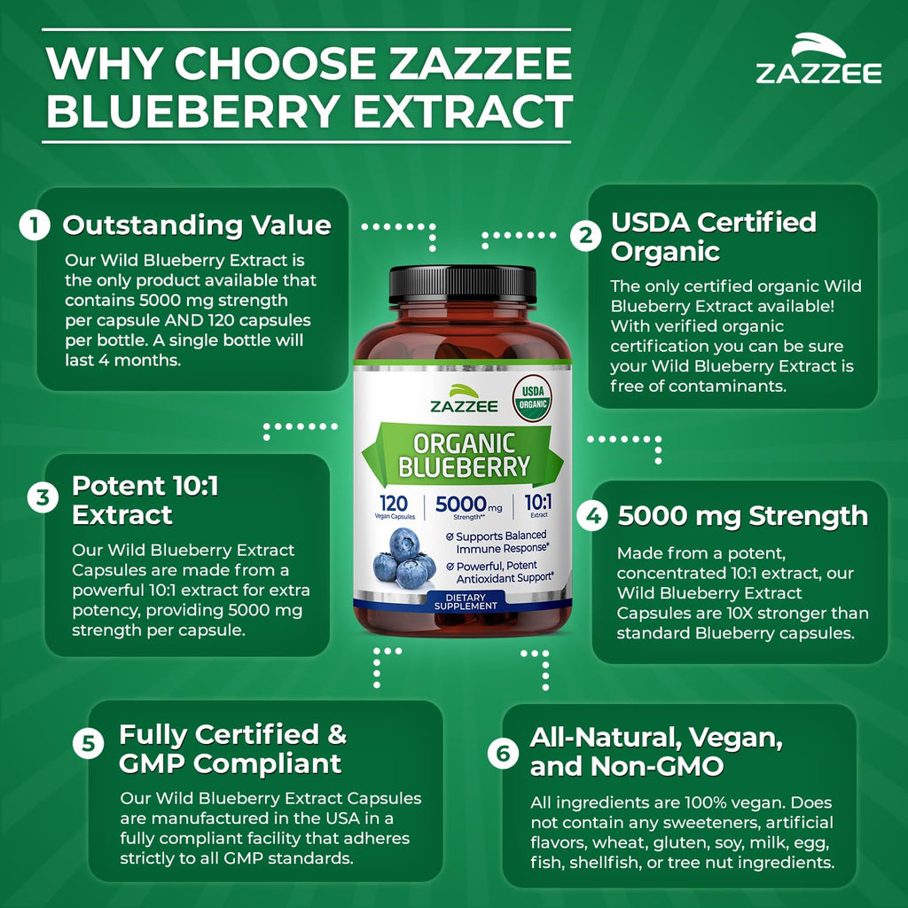Zazzee USDA Organic Blueberry 10:1 Extract, 5000 mg Strength, 120 Vegan Capsules, 4 Month Supply, Concentrated and Standardized 10X Whole Fruit Extract, 100% Vegetarian, Non-GMO, Made in The USA