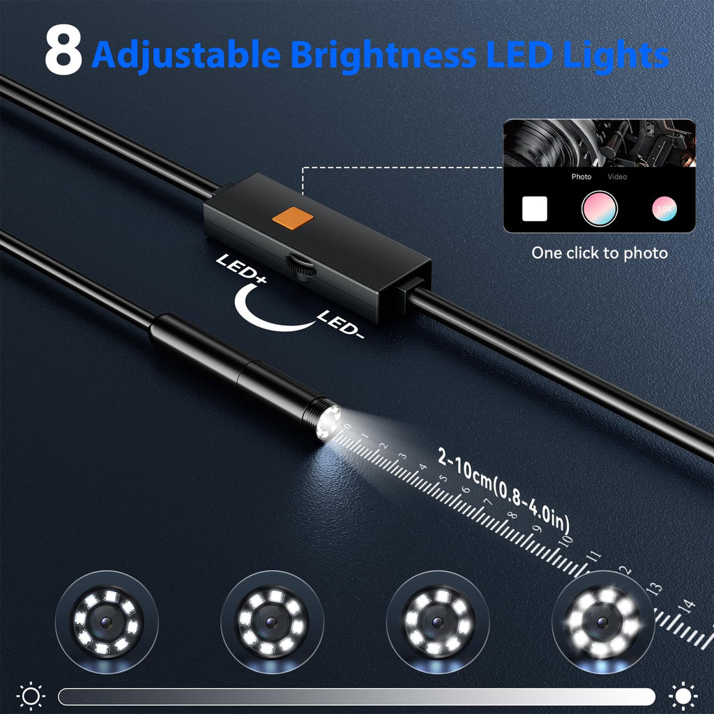 Endoscope Camera with Light, 1920P HD Borescope Tools with 8 Adjustable LED Lights, 9.8FT Semi-Rigid Snake Cord IP67 Waterproof Inspection Camera for iPhone, iPad, iOS and Android Phone