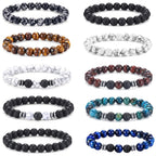 FIRAZIO 10 Pcs Tiger Eye Bracelet For Men 8MM Natural Stone Beads Bracelet Set Stretch Lava Rock Bracelets Adjustable Black Crystal Beaded Bracelet for Men Women Gift