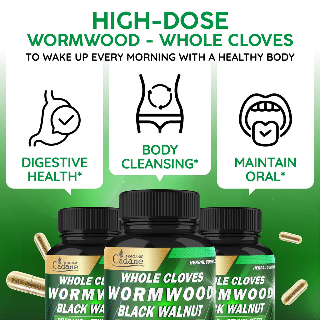 Cadane Wormwood Whole Cloves Black Walnut with Ginger, Garlic, Oregano, Fennel & Black Pepper | Digestive & Wellness Support | 120 Capsules – 60-Day