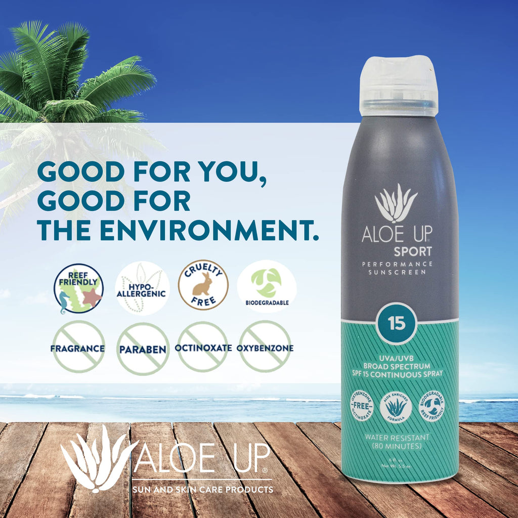 Aloe Up Sport Continuous Spray Sunscreen SPF 15 - Broad Spectrum UVA/UVB Sunscreen Protector for Face and Body - With Aloe Vera Gel - Fast Absorbing Sheer Formula - Reef Safe - Fragrance-Free - 6 Oz