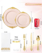 Nervure 350PCS Pink Plastic Plates - Pink Plastic Dinnerware Sets for 50 Guests - 100 Disposable Plates, 150 Gold Silverware, 50 Cups, 50 Napkins Perfect for Wedding & Party