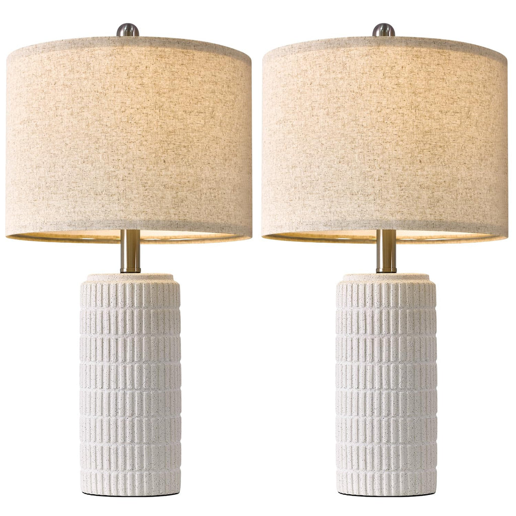 PoKat 24" Farmhouse Ceramic Table Lamps Set of 2 for Bedroom, White Stone-Like Bedside Lamps for Night Stands, Matte-Textured Decor Nightstand Table Lamps for Living Room End Table White
