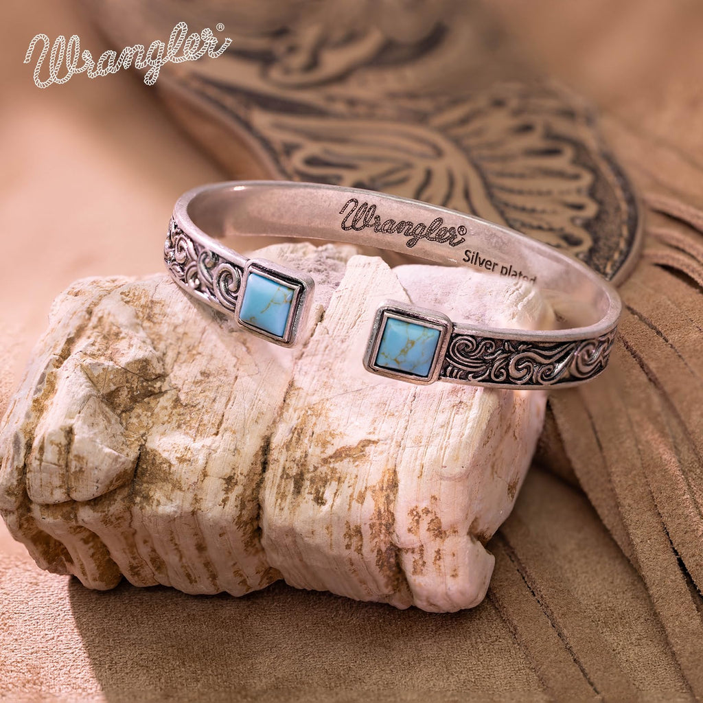 Wrangler Turquoise Cuff Bracelet, Carved Floral Western Jewelry for Women